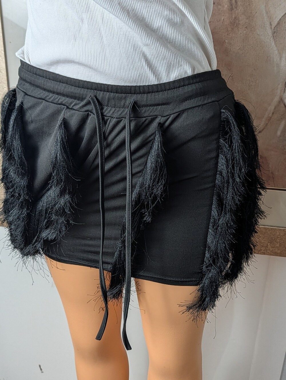 Fancy dreams Black feather mini skirt with drawstring waist Size S